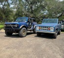 2021 Ford Bronco side by side with Gen 1 original Bronco and Willys Wrangler