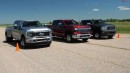 Ford vs Chevy vs Ram diesel dually pickup truck drag race