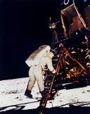 Buzz Aldrin climbs down the Eagle's ladder to the surface