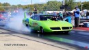 1970 Plymouth Superbird drag racing with alcohol-fed blown HEMI engine