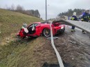 A Ferrari 488 Pista was written off after the driver lost control on a wet road