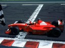 Schumacher crosses the finish line in pole position to claim victory at the 1998 French Grand Prix