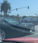 A woman in a Ferrari has bad luck at a traffic light, the car takes her slightly downhill