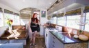 School bus converted into an RV with a wine cellar