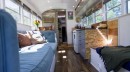 School bus converted into an RV with a wine cellar