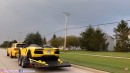 Yellow Dodge Durango SRT Hellcat rides on matching-yellow 26-inch Forgiatos when towing Lambo Aventador Roadster