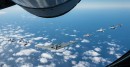B-2 Spirit with diverse fighter jet escort