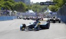 Formula E race in progress. Notice the barriers on the side of the track
