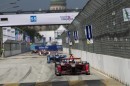 Formula E race in progress. Notice the barriers on the side of the track