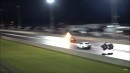 Vintage blown Camaro grenades engine and nitrous Chevy Corvette hits the wall on National No Prep Racing Association