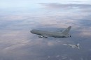 KC-46A Pegasus Aerial Refueling and Airlift refilling a F/A-18 the drogue-and-hose system