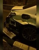 Amir Khan shows damage to his Mercedes S350 after single-car crash on the M6