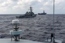 HMS Spey Behind a US Navy Destroyer