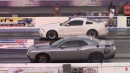 D and B Automotive Dodge Challenger SRT Hellcat drags Turbo Mustang and Camaro, CTS-V on DRACS