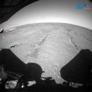 This image shows the tracks made by rover as its leaving the site where the parachute and backshell are located