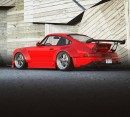 Crimson Widebody Porsche 964 slammed restomod rendering by rostislav_prokop