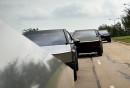 Tesla Cybertruck on two wheels through an S curve