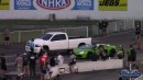 Quadcab Mopar diesel truck drags supercharged Ford Mustang, Huracan Spyder on DRACS