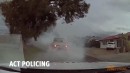 Aussy performs a burnout in front of a police vehicle