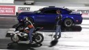 Dodge Challenger SRT Hellcat takes on a BMW S1000 RR motorcycle