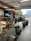 Twins of Curiosity and Perseverance rovers share space in the garage at NASA's Mars Yard