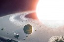 Rendering of exoplanet 8 Ursae Minoris b orbiting its red giant