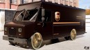 FedEx and UPS Freightliner delivery vans on gold Dayton wire wheels rendering