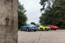 Ferrari GTB4, Lamborghini Miura and Ferrari Daytona pictured at GTO Engineering UK