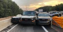 Ford Mustang, GMC Savana and GMC Acadia crash while trying to exit a highway