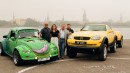 The Volkswagen Froggy, Leonard Yankelovich, Paige Parker, Jim Rogers, an unidentified person, and the Millenium Adventure Mercedes-Benz in Riga in 1999