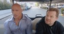 Dwayne Johnson and James Corden go for a ride around Television City in a golf cart, karaoke is also involved
