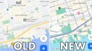 The old and new color palettes on Google Maps