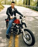 Johnny Depp in character for Cry-Baby (1990) on the 1955 Harley-Davidson Model K