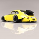 Porsche 356 B/C low rider has yellow "The Luxury Squad" livery and widebody kit in render by kalim_gh on Instagram