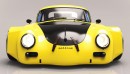 Porsche 356 B/C low rider has yellow "The Luxury Squad" livery and widebody kit in render by kalim_gh on Instagram