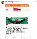 Lewis Hamilton on Twitter about Brazil, replies to Lewis on the topic