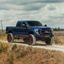 Lifted Ford F-250 Super Duty with Denver Broncos custom wrap riding on bespoke Forgiato Gambe-1 wheels