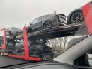 Trailers carrying several Tesla Model Y cars in Performance trim were spotted leaving the Gigafactory in Grünheide, near Berlin