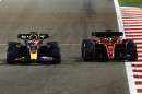 Max Verstappen fighting with Charles Leclerc in Bahrain, 2022