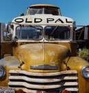 Ophelia the Cosmic Collider is a frankenbus made of a '48 Chevy skoolie, with a VW roof and a handmade loft