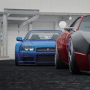R34 Nissan GT-R with widebody exhaust (rendering)