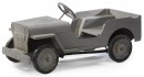 A grey Jeep pedal car from the Davison Toy Co., constructed of wood and board, cast aluminum steering wheel, finished in flat grey. In original condition.