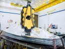 The James Webb Space Telescope together with the fully deployed sunshield at the testing facility