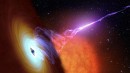 Illustration shows a black hole with a jet extending into space