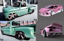 Chevy C10 Stepside on 28s & pink C8 Chevy Corvette widebody