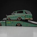 Patina Ford Bronco ramp truck on gold wheels with matching 2nd generation Bronco rendering by jdmcarrenders