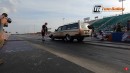 Sleeper Volvo 200-series wagon drag races classic Chevy Camaro at Hot Rod Drag Week