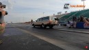 Sleeper Volvo 200-series wagon drag races classic Chevy Camaro at Hot Rod Drag Week
