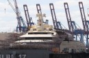 Megayacht Dilbar at the Blohm + Voss shipyard in Germany, undergoing construction work after it was seized by authorities