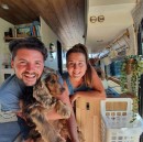 Chris, Sam and Fletcher call Olive, an old VW minubus conversion, their permanent home